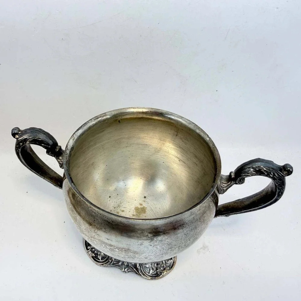 Hanle Vintage Silverplate Sugar Bowl Footed Ornate Grape Vine Double Handle